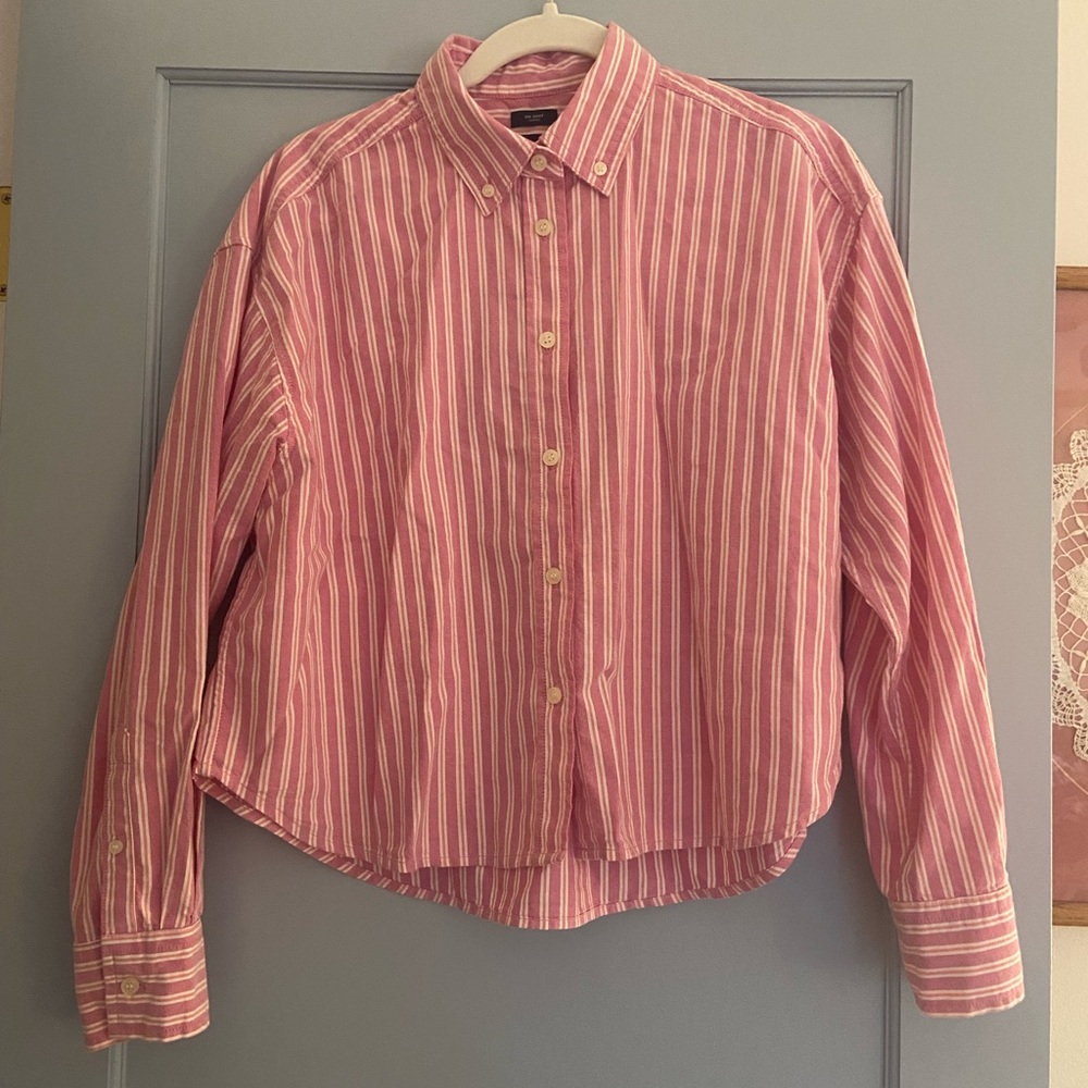 GAP organic cropped Oxford big shirt pink Striped Button Down Shirt women